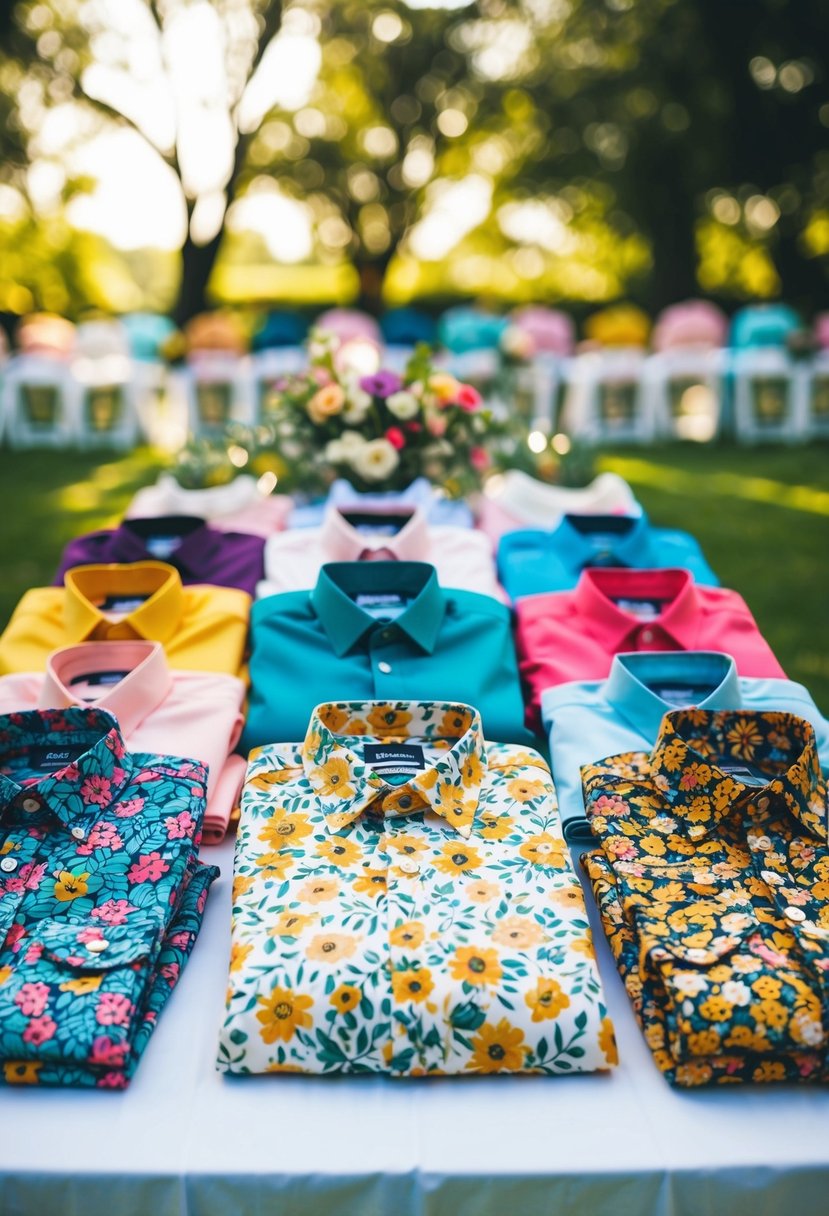 A group of colorful floral-patterned shirts arranged on a table, with a variety of sizes and styles for a wedding party