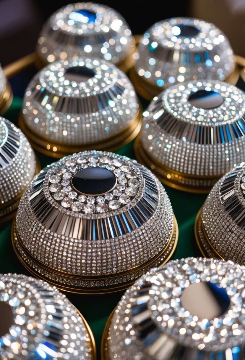 A group of rhinestone-studded tops arranged on a display, catching the light and sparkling with glamour for a wedding party