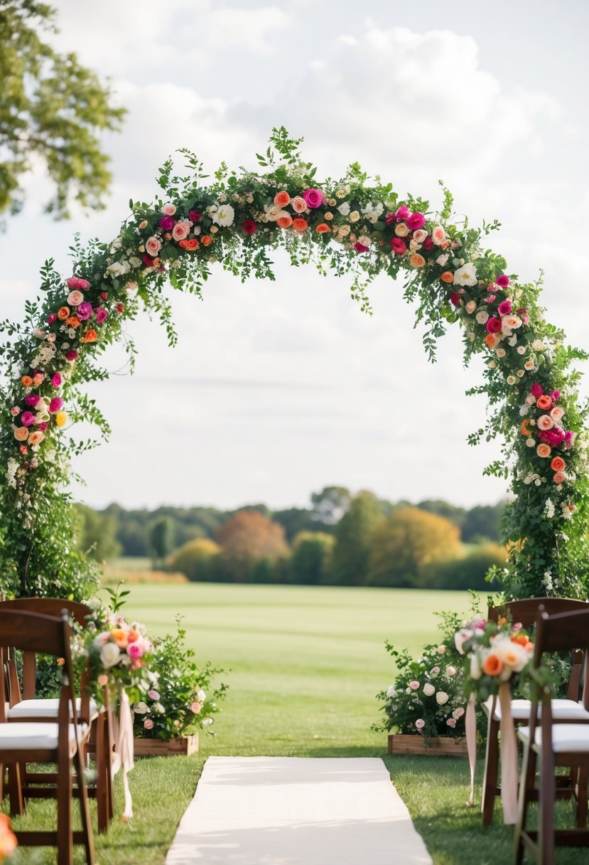 A round wedding arch adorned with colorful blooms and greenery