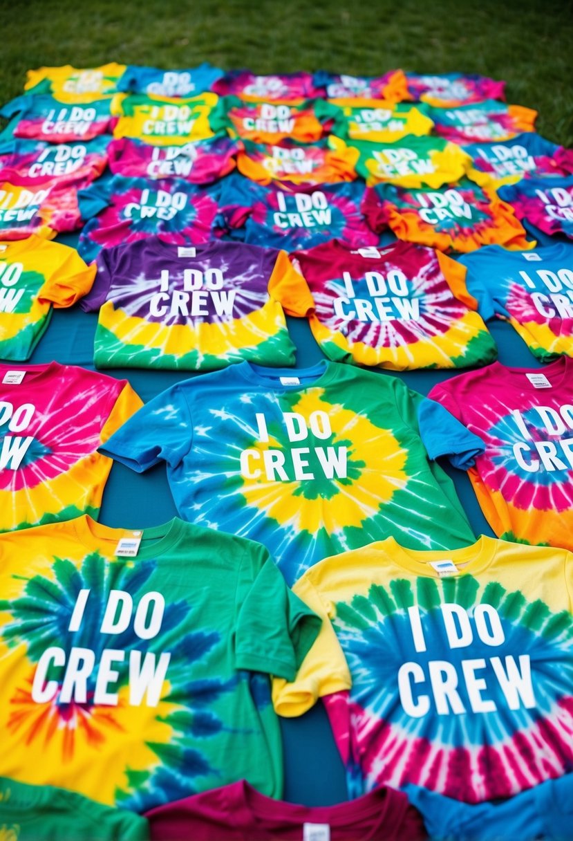 A group of tie-dye 'I Do Crew' wedding party shirts arranged in a colorful and eye-catching display