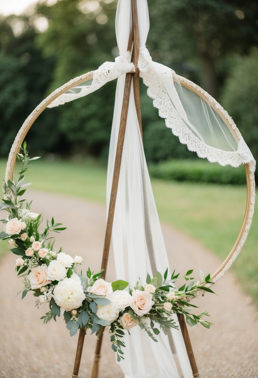 A vintage-style hoop adorned with delicate lace and flowers, serving as a romantic wedding circle arch