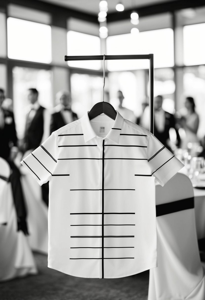 A simple black and white wedding party shirt design with clean lines and geometric patterns