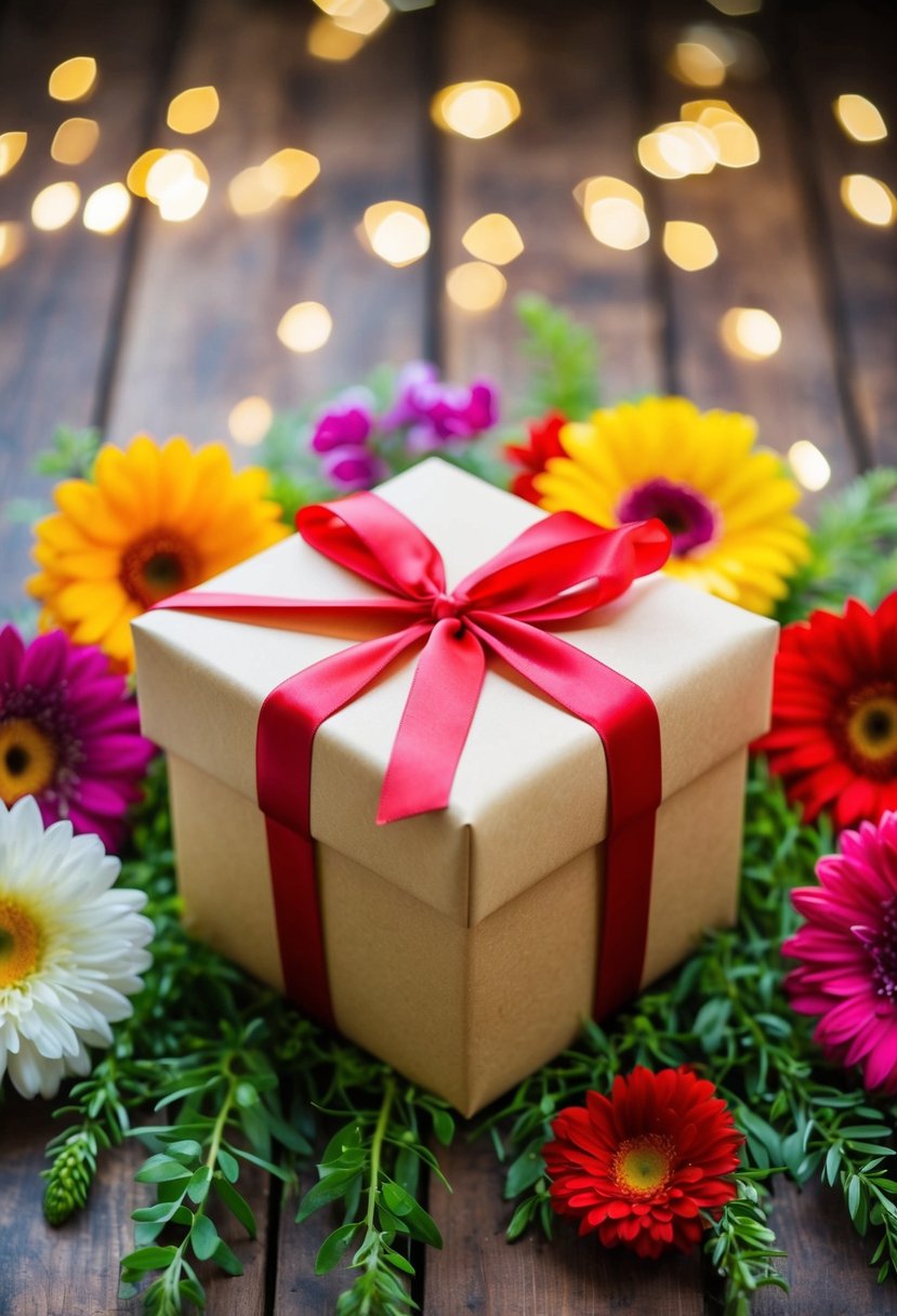 A beautifully wrapped gift box surrounded by colorful flowers and a ribbon