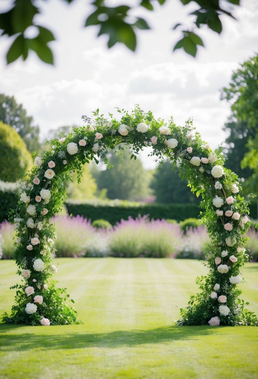 A circular wedding arch adorned with flowers and greenery stands in the center of a lush gardenscape