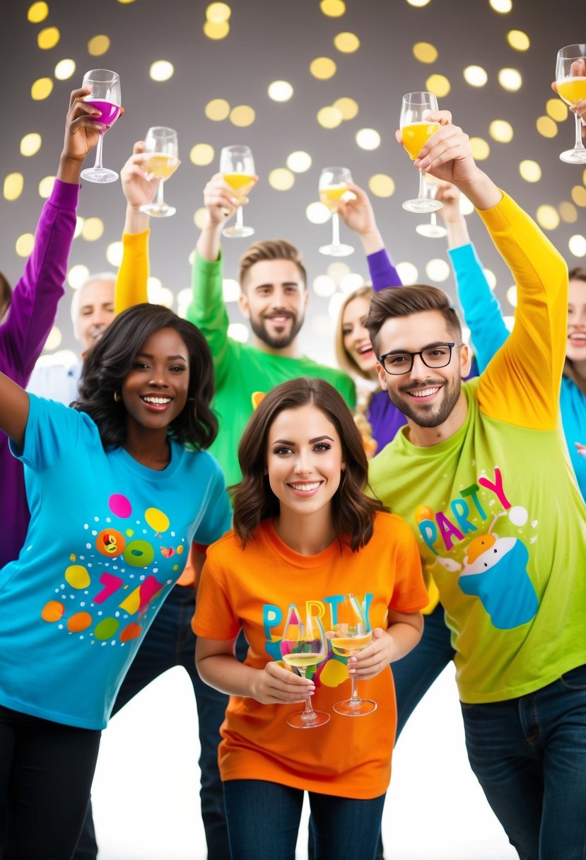 A group of colorful, animated party shirts with playful designs, surrounded by dancing and clinking glasses