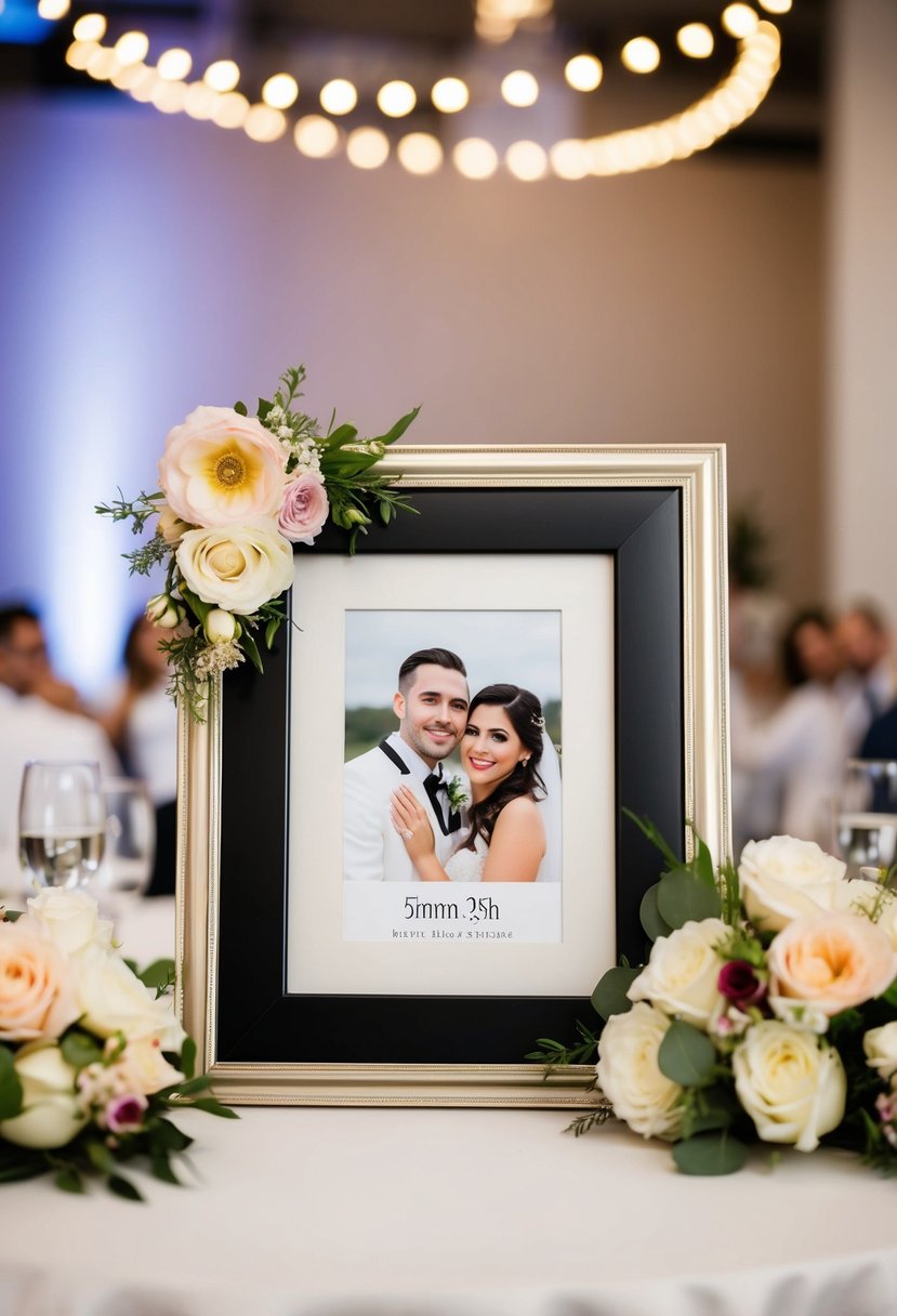 A personalized photo frame with wedding decor and flowers