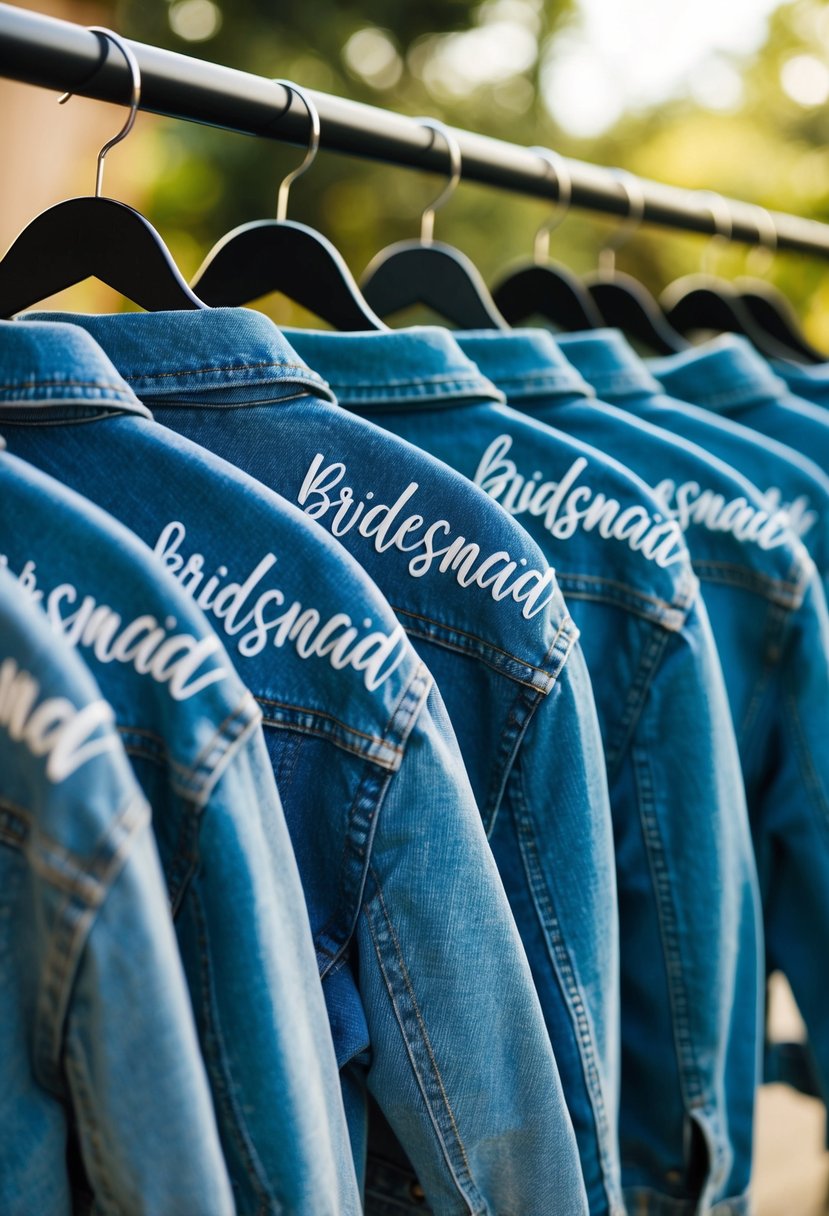 A group of denim jackets with "Bridesmaid" written on the back, arranged neatly on hangers