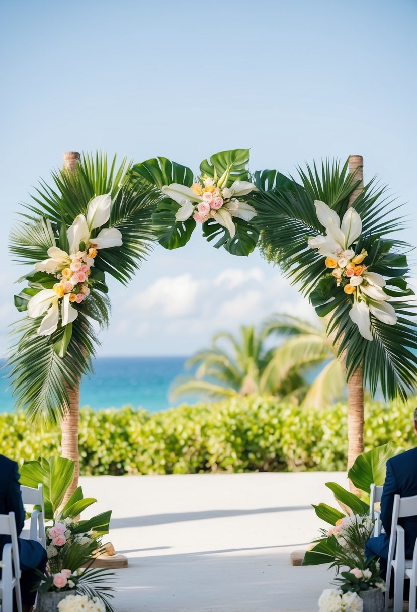 A tropical arch adorned with palm leaves and flowers stands as the focal point of a wedding ceremony, set against a backdrop of lush greenery and clear blue skies