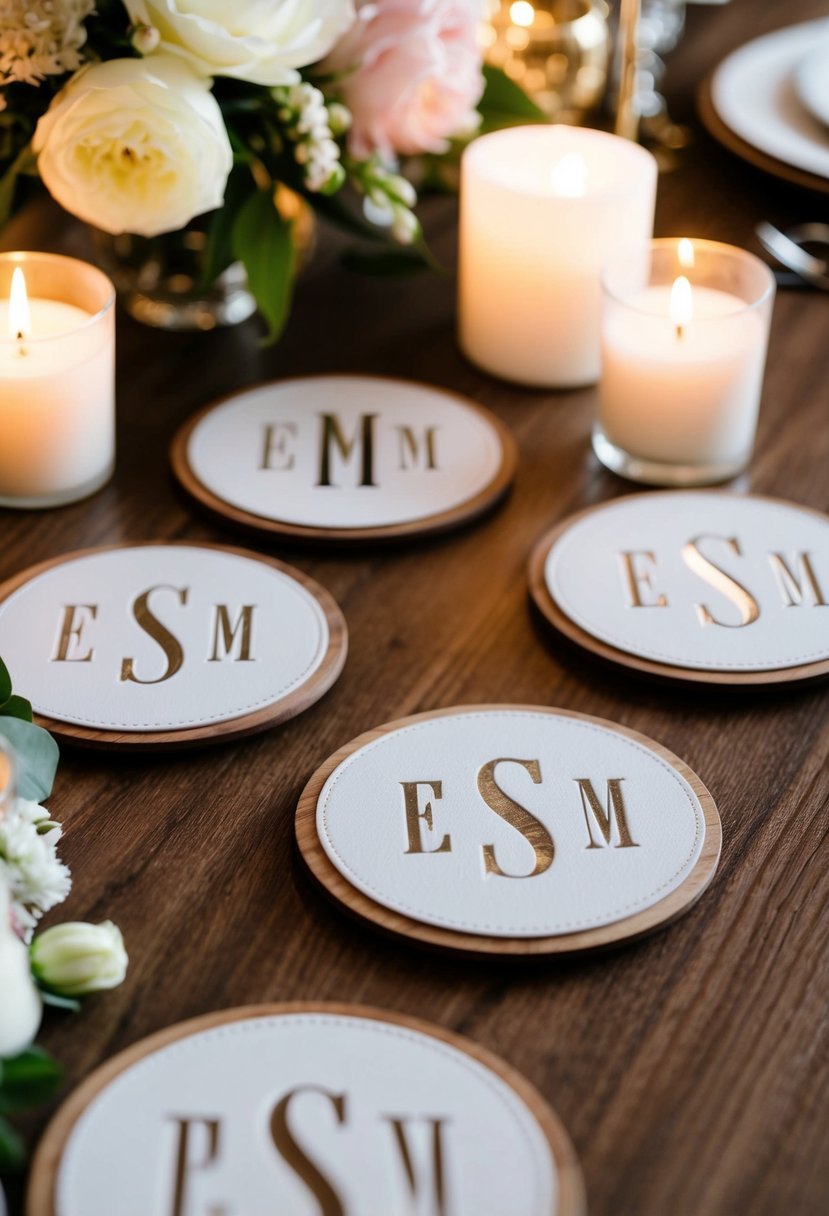 A set of custom monogram coasters arranged on a wooden table, surrounded by elegant floral decor and soft candlelight