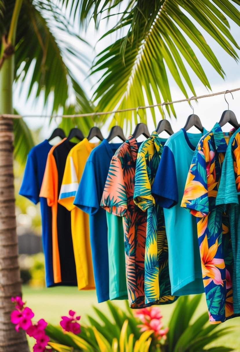 A group of colorful tropical theme shirts hanging on a line, with vibrant palm leaves and exotic flowers in the background