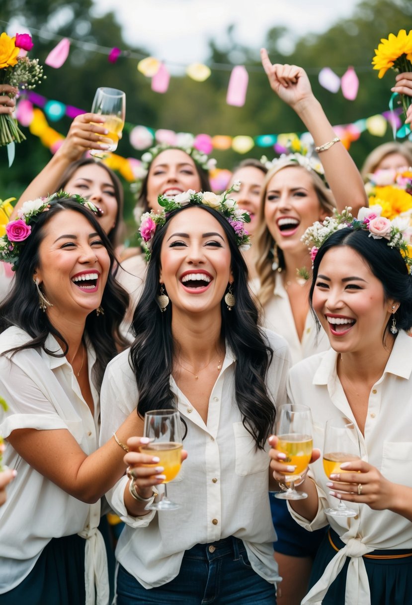 A group of women wearing boho-style wedding party shirts, laughing and celebrating with flowers and colorful decorations