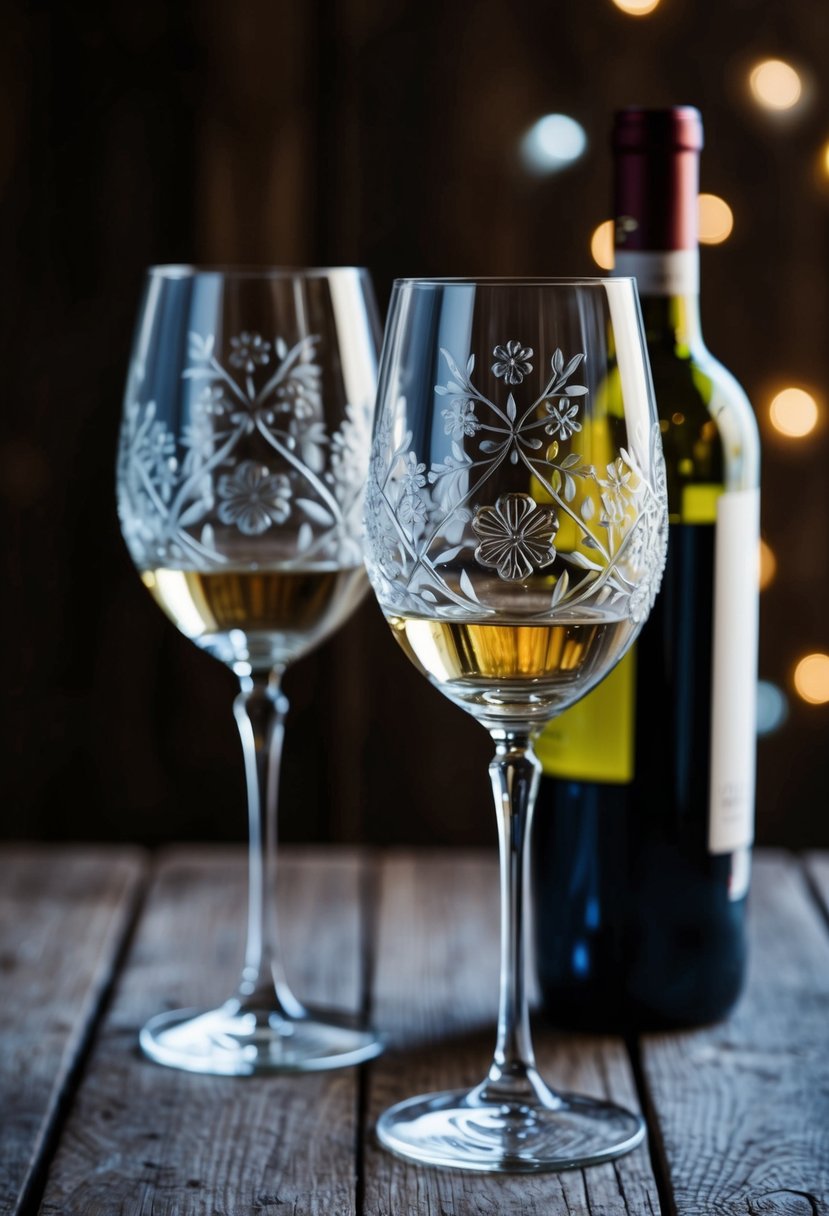 Two wine glasses, intricately engraved with floral patterns, sit on a rustic wooden table with a bottle of wine beside them