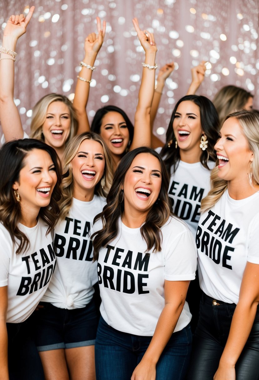 A group of women wearing matching 'Team Bride' shirts, laughing and celebrating at a bachelorette party