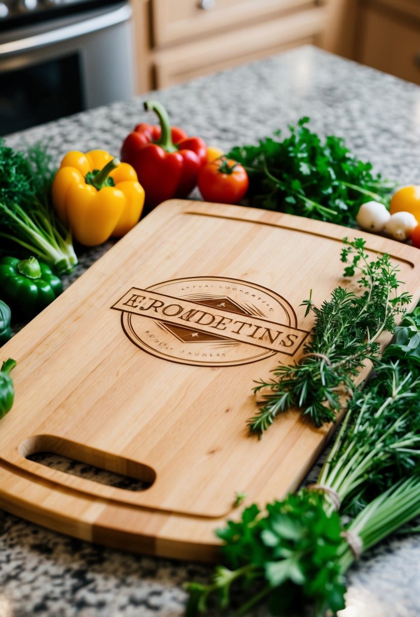 A wooden cutting board with a personalized engraving, surrounded by fresh herbs and colorful vegetables, sits on a kitchen counter