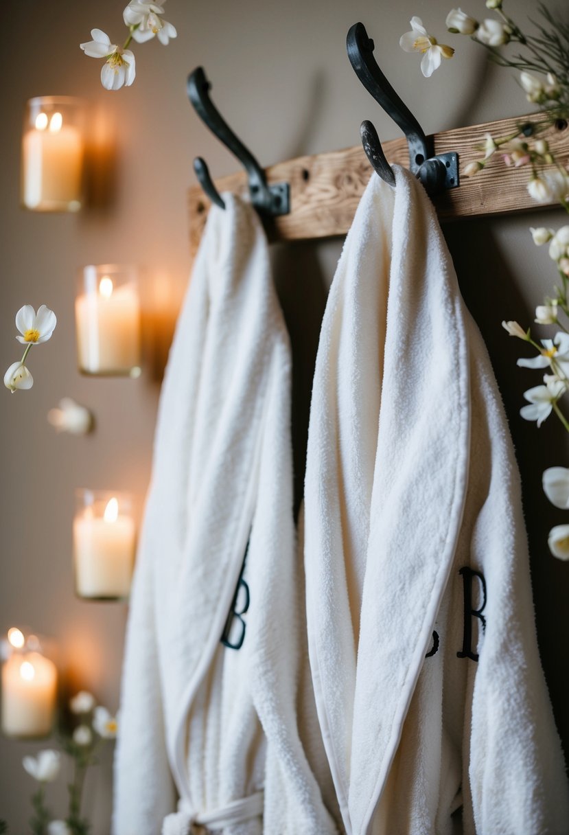 Two monogrammed bathrobes hanging on a rustic wooden hook, surrounded by soft candlelight and delicate flower petals