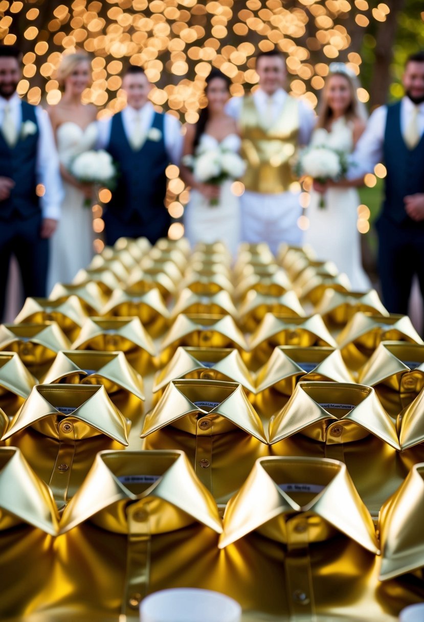 A group of metallic gold shirts arranged in a wedding party setting