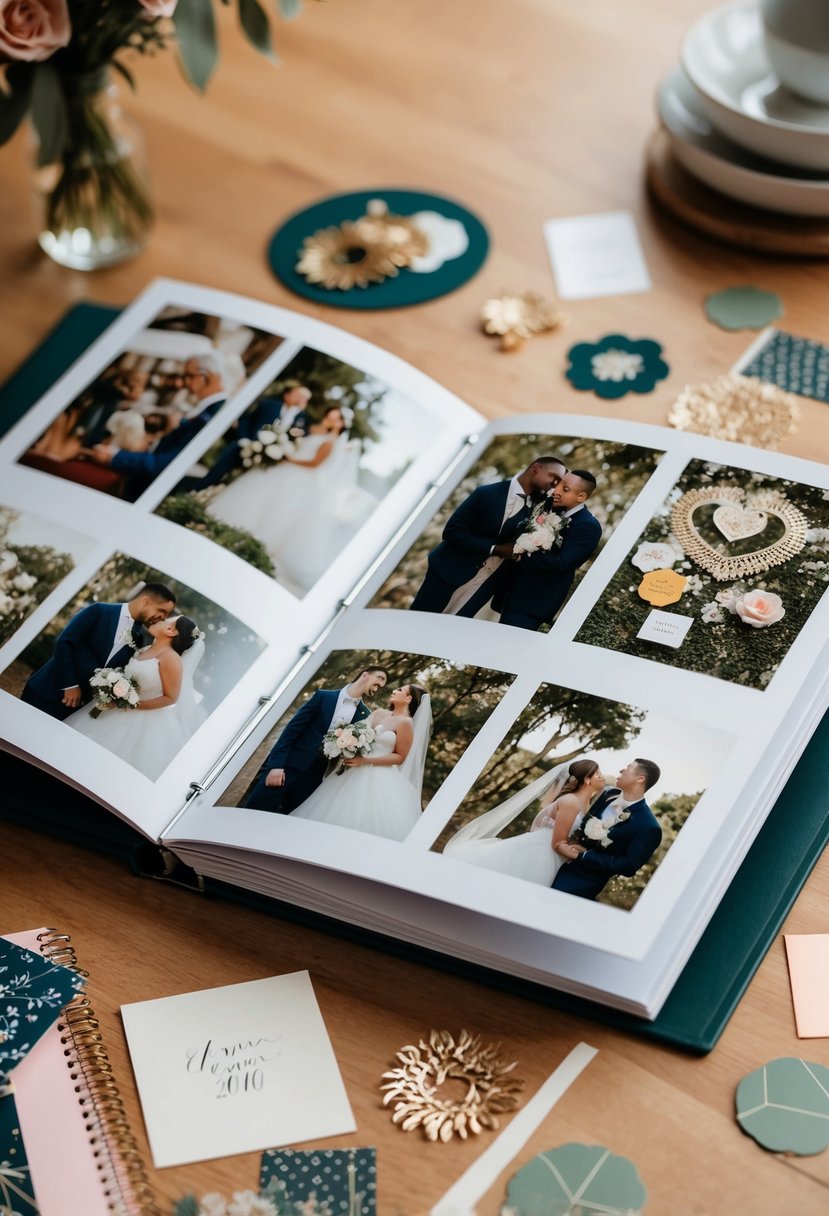 An open photo album with wedding photos and decorative scrapbook materials scattered around