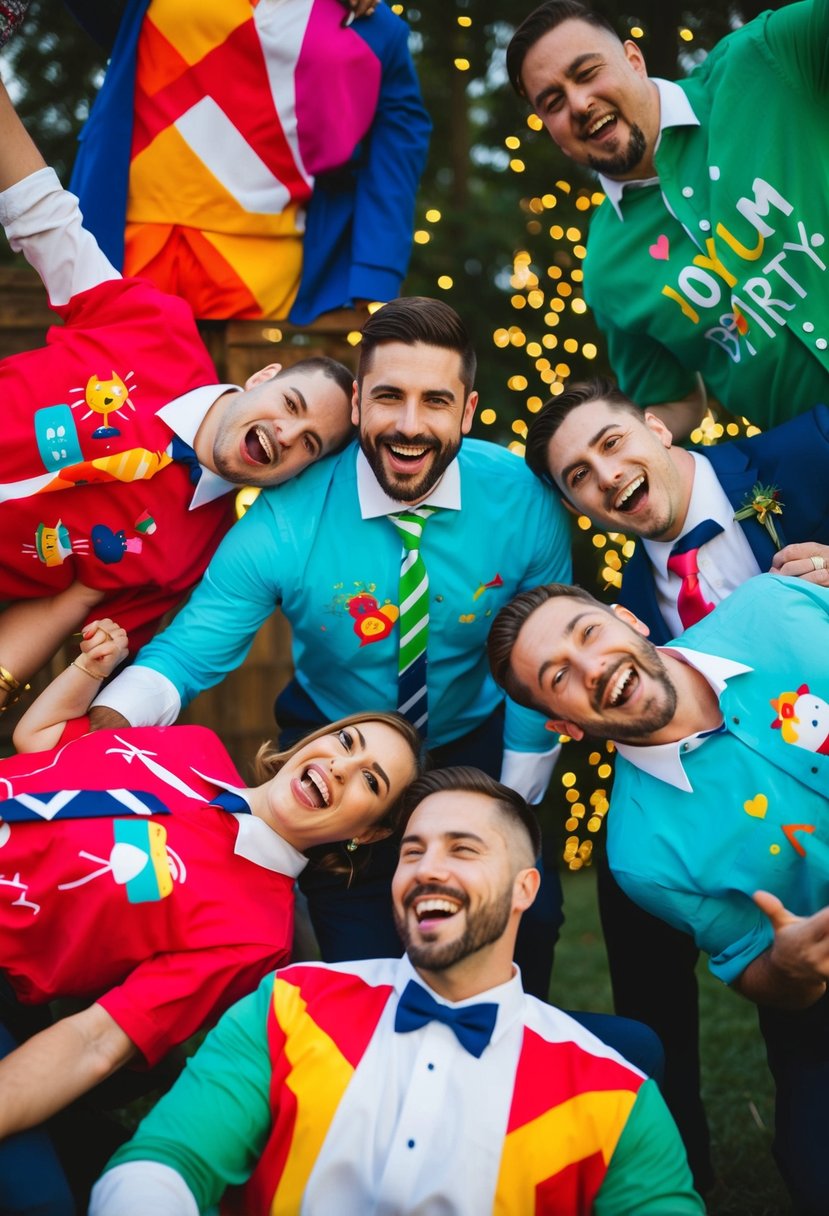 A group of joyful wedding party shirts with vibrant colors and playful designs