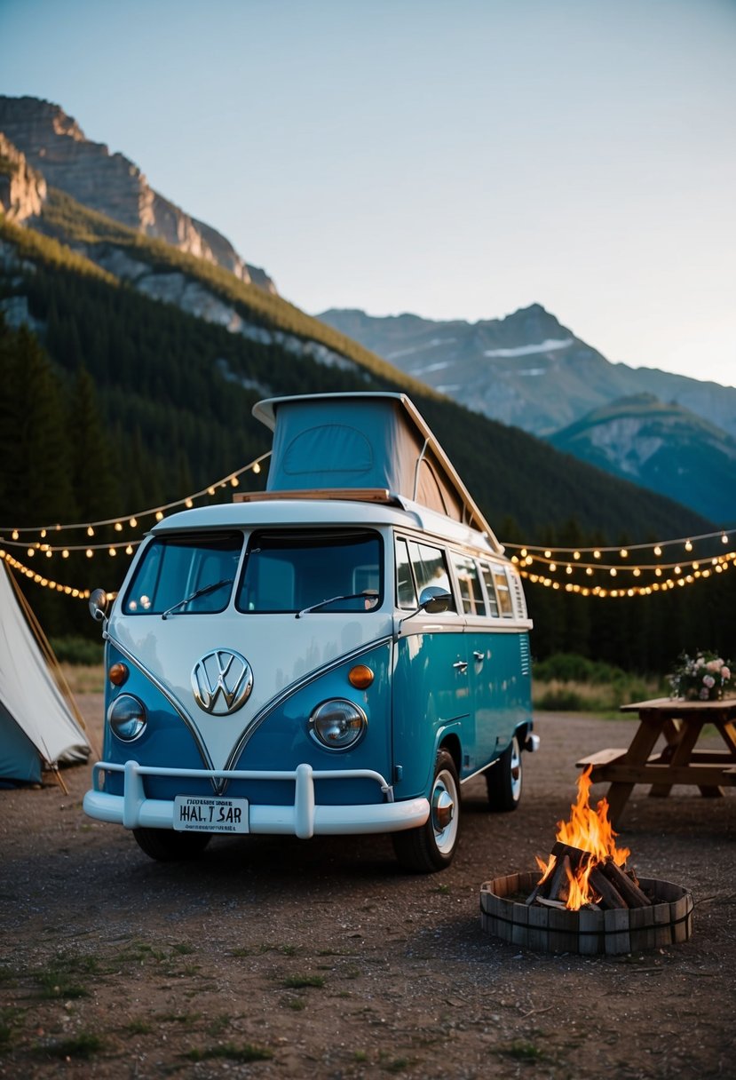 A vintage camper van parked in a scenic mountainous landscape, with a campfire and string lights set up for an outdoor wedding celebration