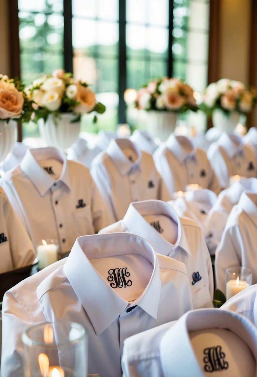 A collection of personalized monogram wedding party shirts arranged in an elegant display