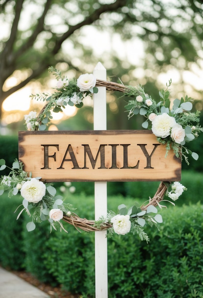 A rustic wooden sign with the family name carved into it, surrounded by delicate floral accents