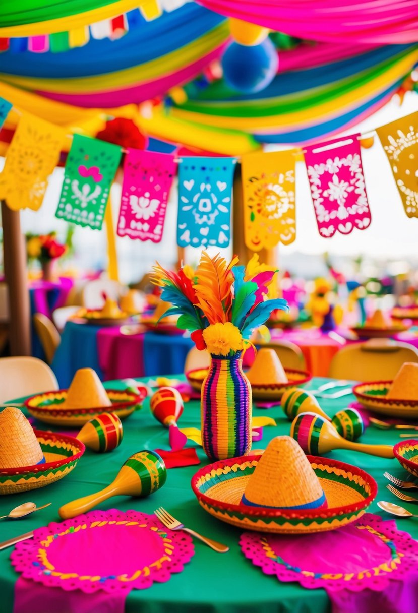 A vibrant fiesta-themed wedding party shirt with colorful papel picado banners, maracas, and sombreros scattered on a festive table