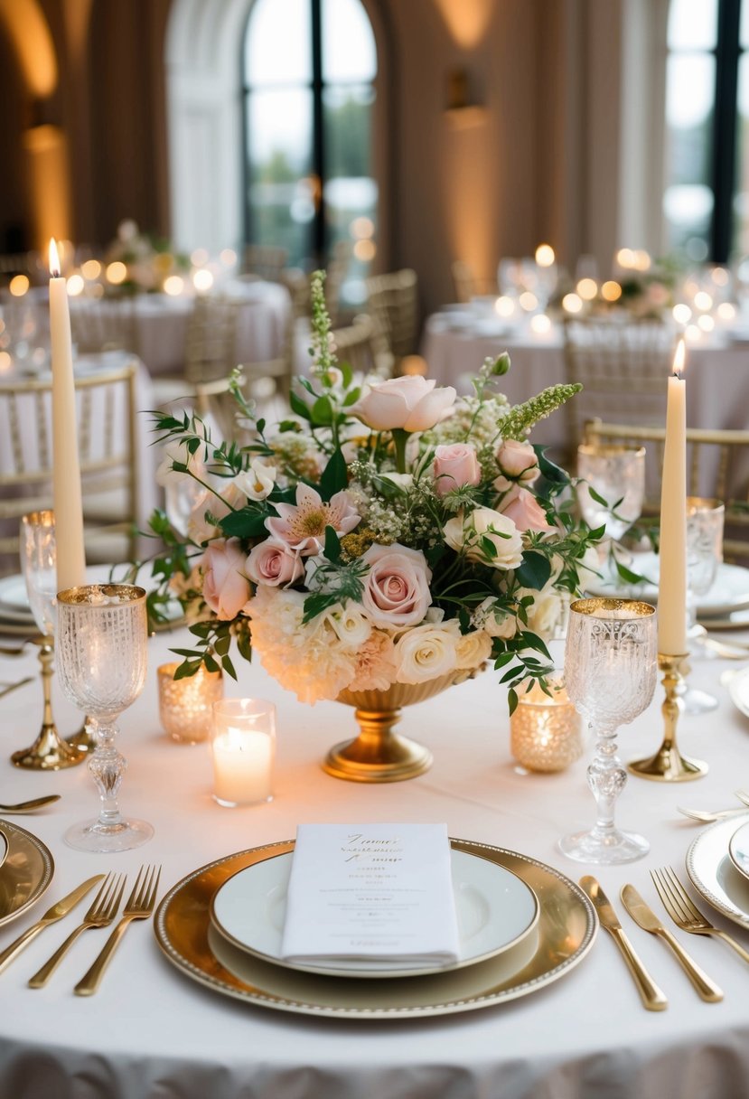 A beautifully decorated table with delicate floral centerpieces and elegant place settings, surrounded by soft candlelight and shimmering glassware