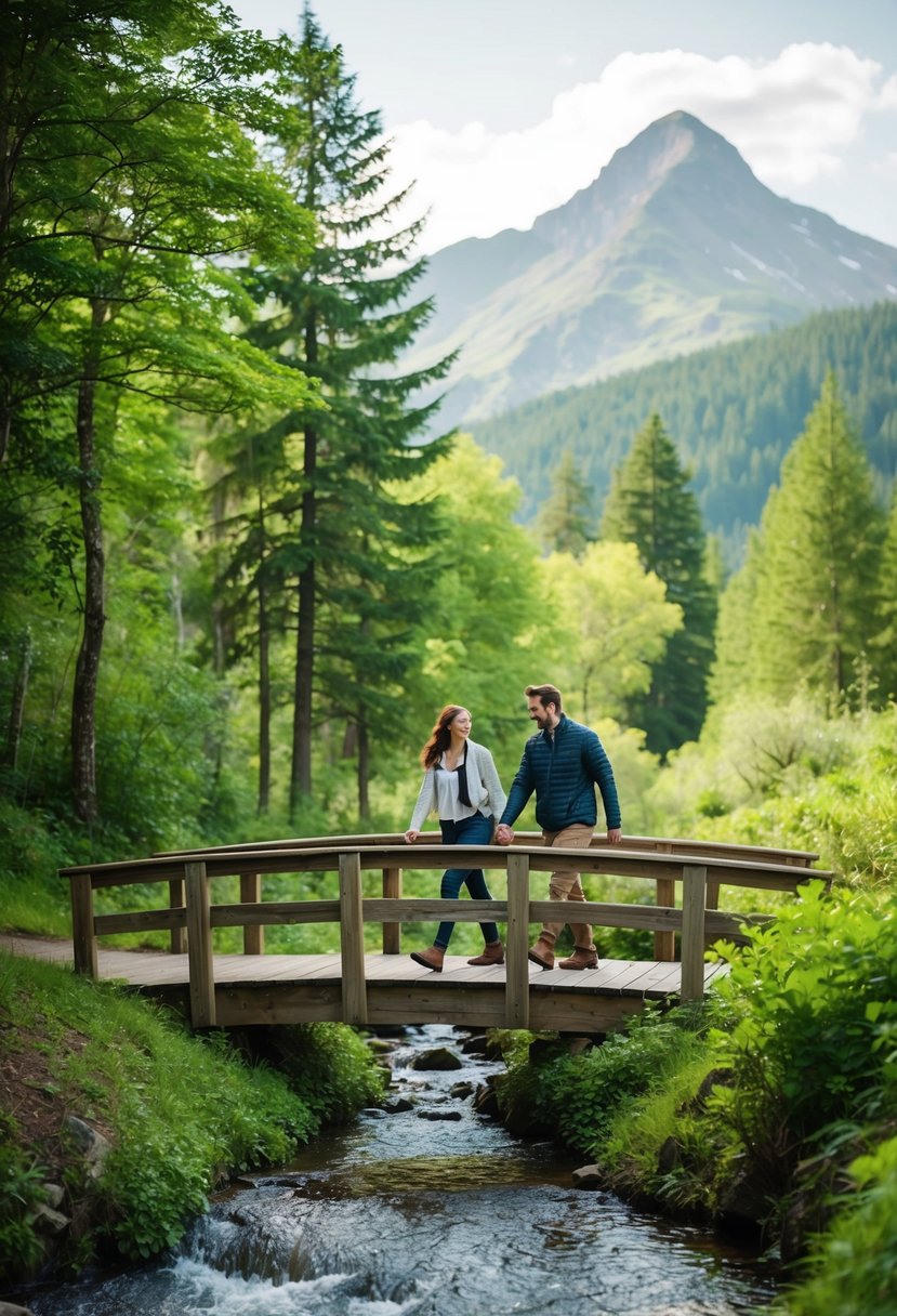 A couple hiking through a lush forest, crossing a wooden bridge over a bubbling stream, with a mountain peak in the distance