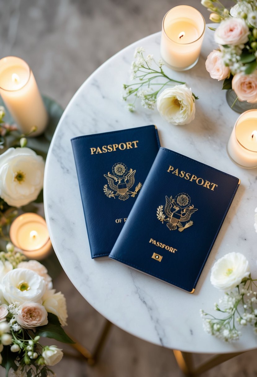 Two elegant monogrammed passport covers displayed on a white marble tabletop, surrounded by delicate floral arrangements and soft candlelight