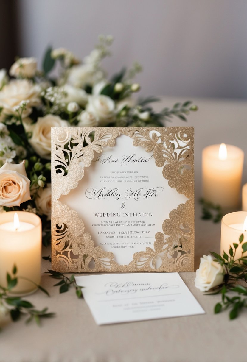 A champagne gold glitter laser-cut wedding invitation surrounded by delicate floral arrangements and soft candlelight