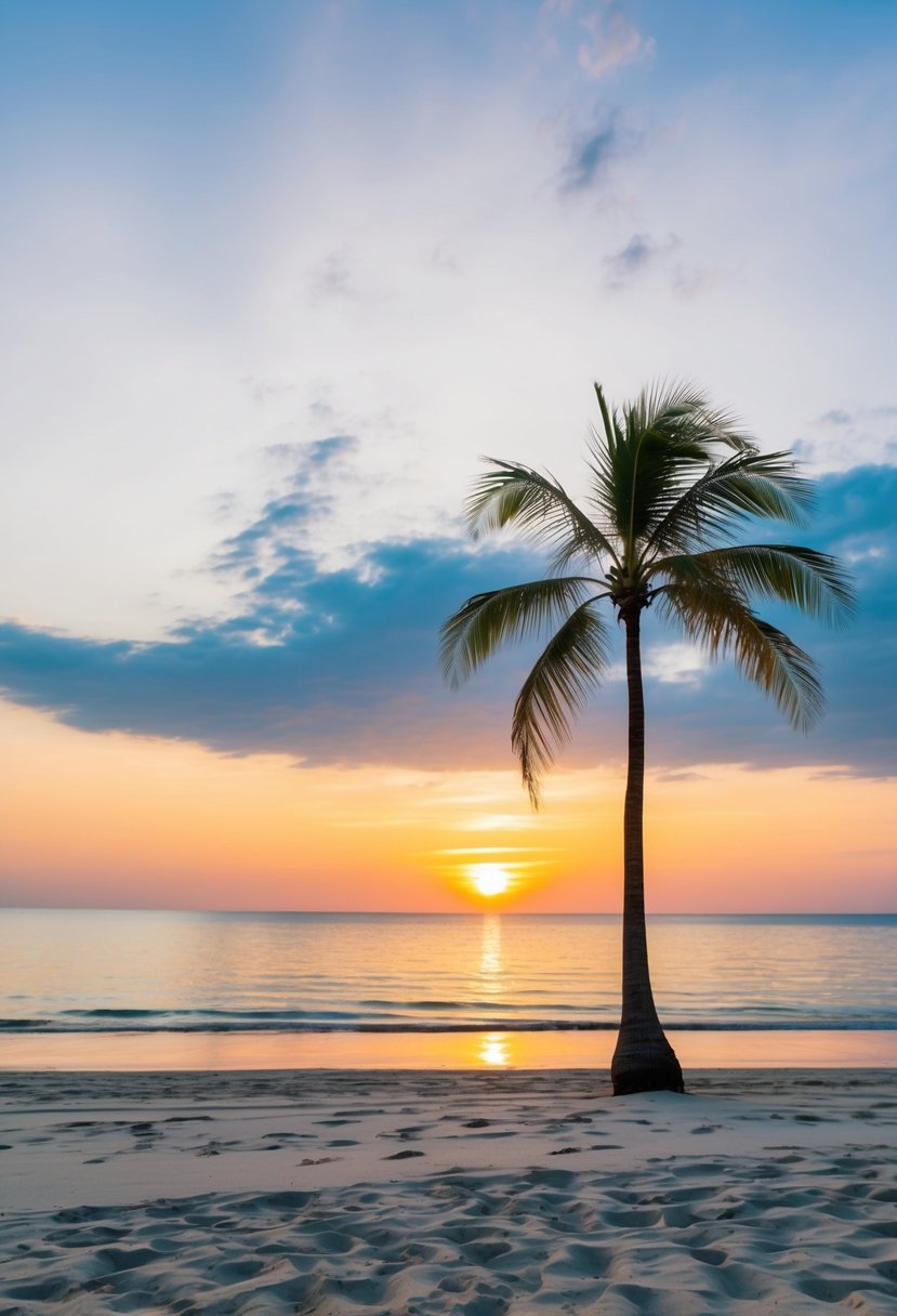 A serene beach at sunset, with a lone palm tree and footprints in the sand