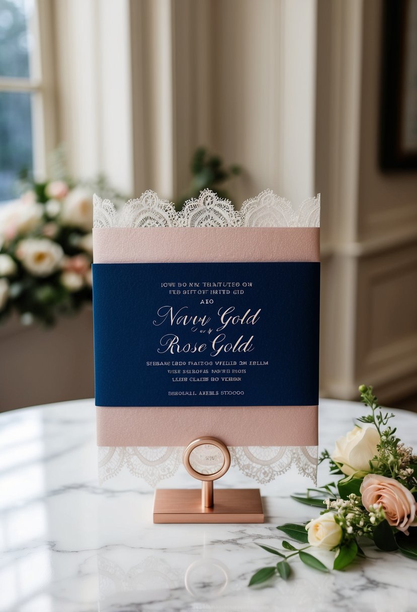 A navy blue and rose gold vellum wedding invitation displayed on a marble table with elegant floral and lace details