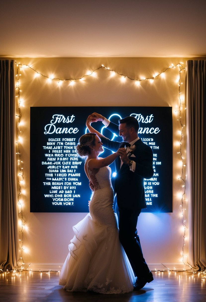 A couple dancing in a dimly lit room, surrounded by twinkling fairy lights and a personalized art piece with their first dance lyrics displayed prominently