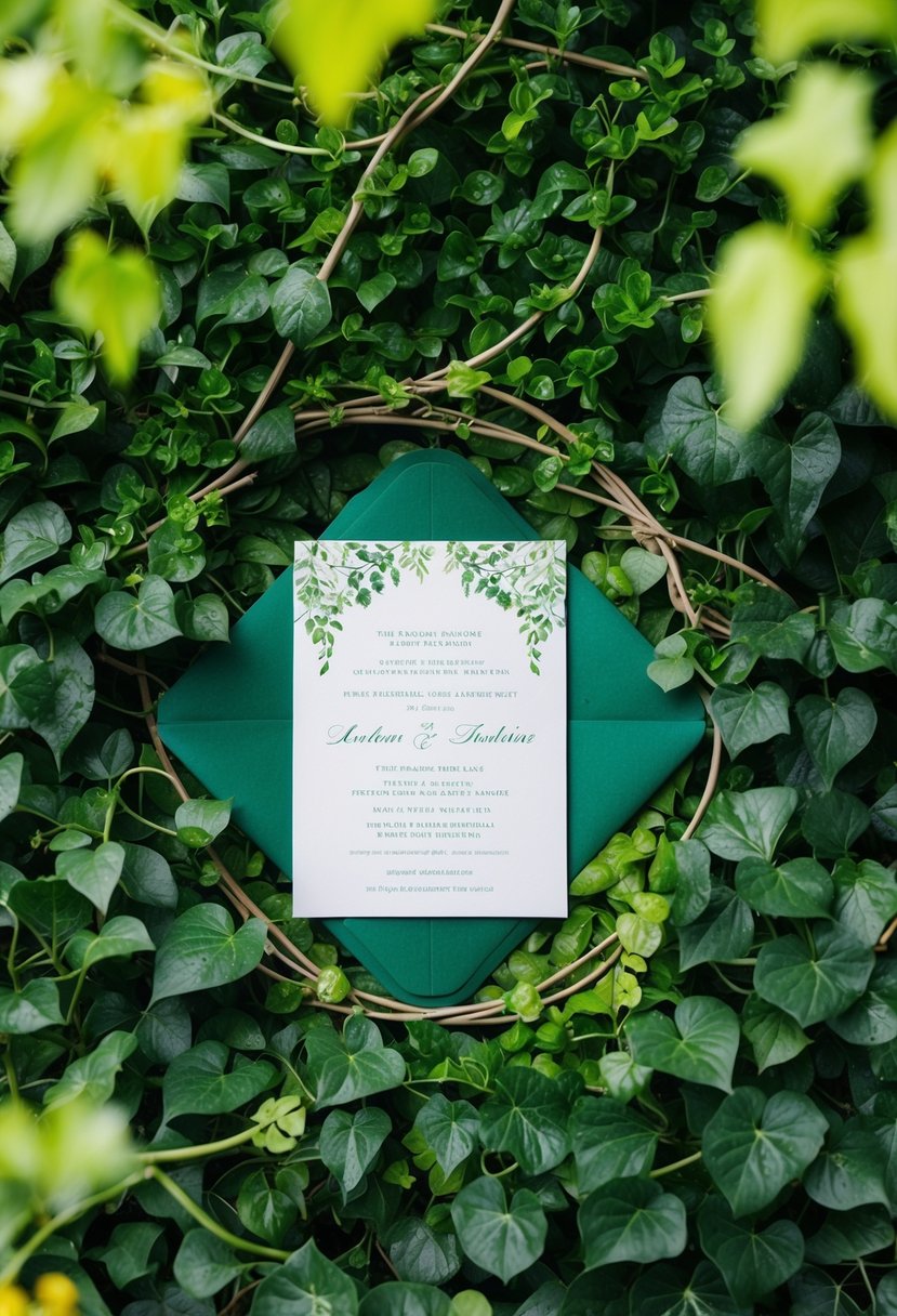 A lush, green garden with delicate vines and leaves intertwined around an elegant wedding invitation