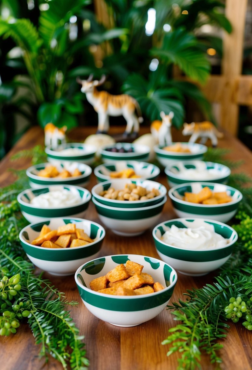 A set of safari-themed snack bowls arranged on a wooden table, surrounded by lush greenery and exotic animal figurines