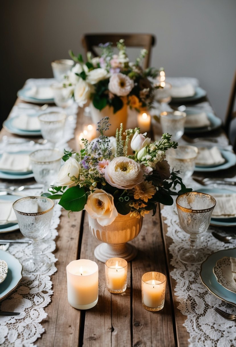 A rustic wooden table adorned with elegant floral arrangements and vintage lace, surrounded by soft candlelight and delicate glassware