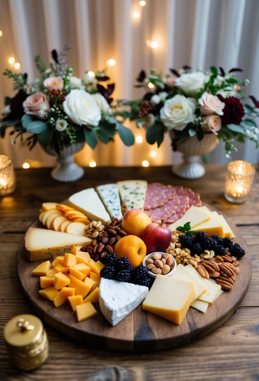 A rustic wooden charcuterie board adorned with an assortment of cheeses, cured meats, fruits, and nuts, set against a backdrop of elegant floral arrangements and twinkling fairy lights