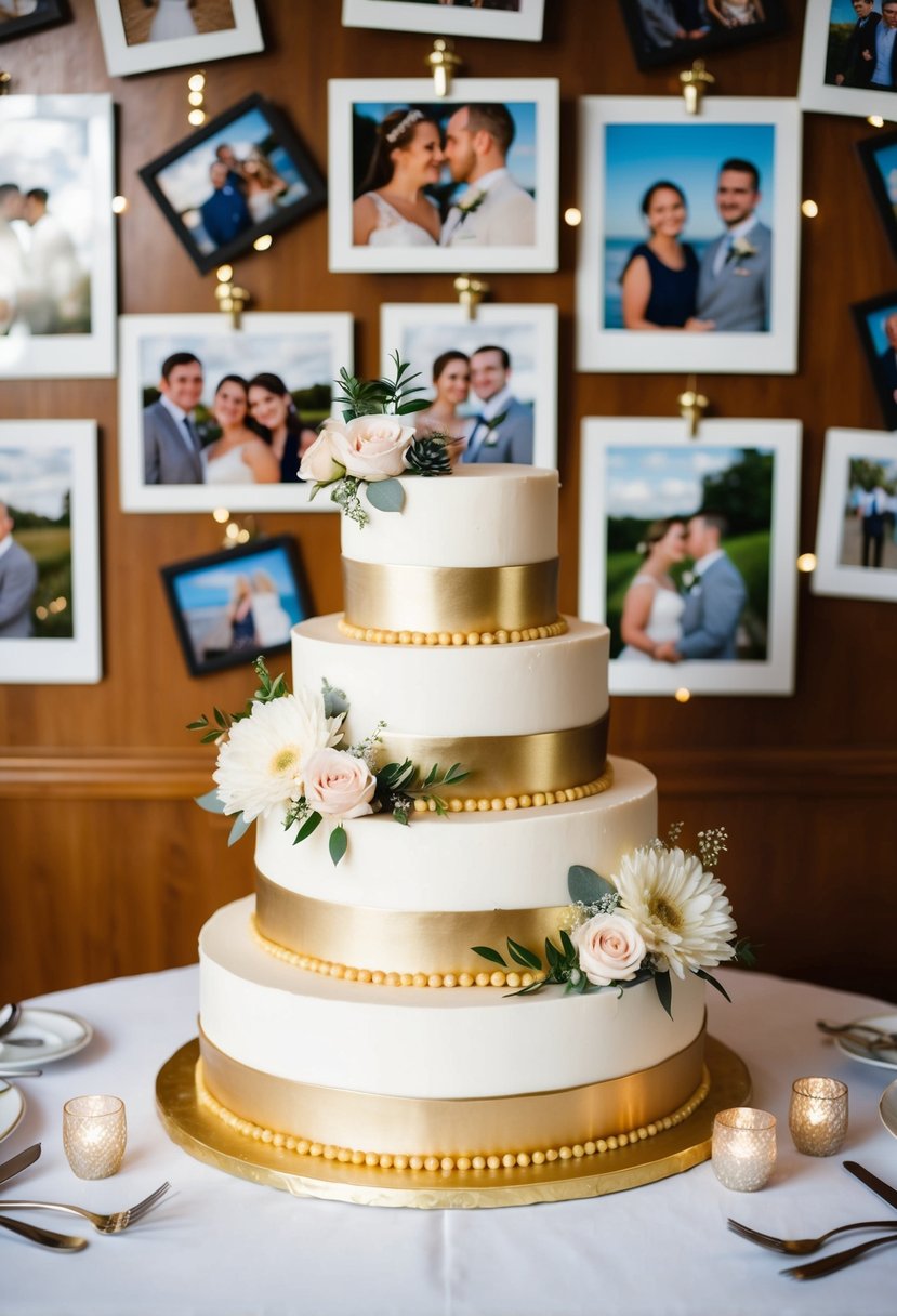 A tiered cake with gold accents and floral decorations, surrounded by photos from the couple's life together