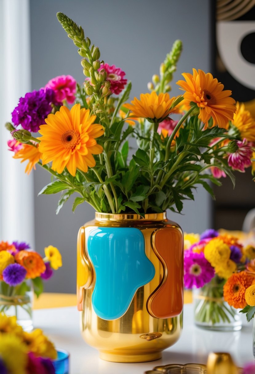 A vibrant gold flower vase with funky, abstract shapes sits on a table surrounded by colorful blooms