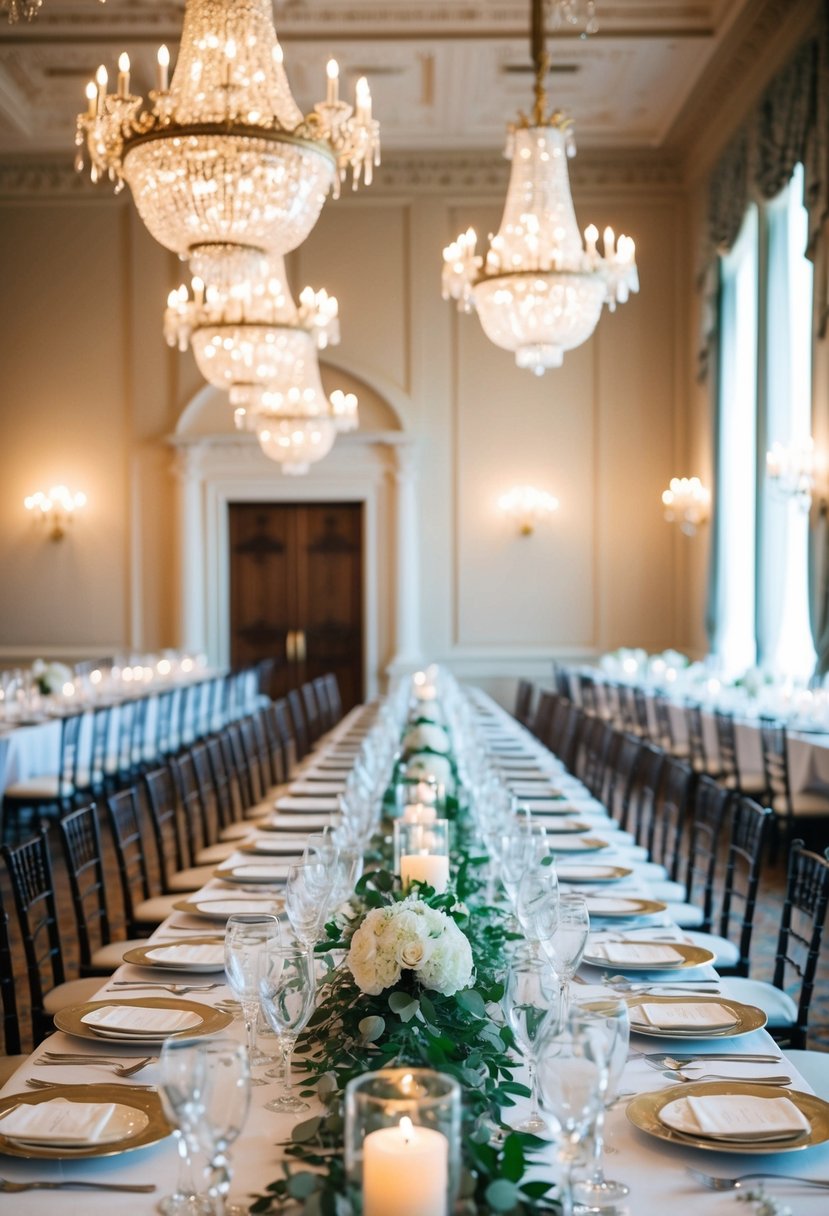 A grand ballroom with ornate chandeliers and a long banquet table set with fine china and crystal glassware