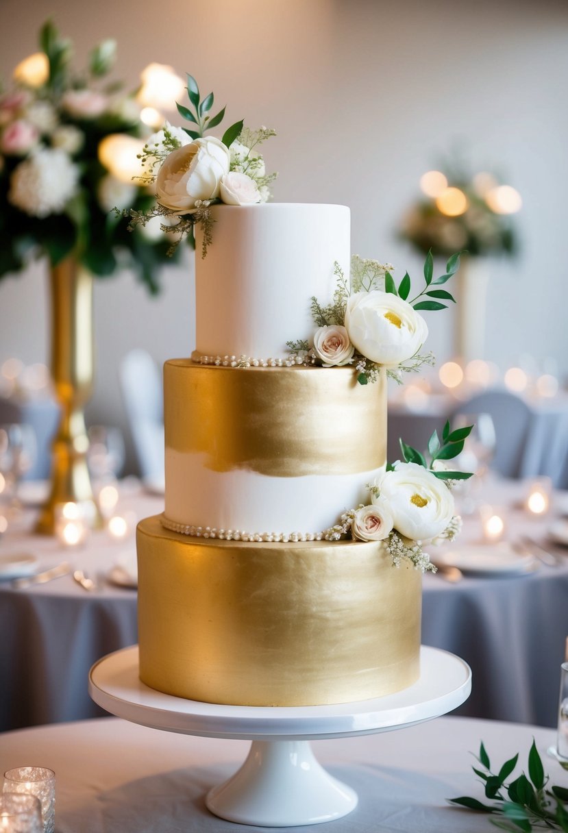 An elegant gold brushstroke cake adorned with delicate floral accents for a 60th wedding anniversary celebration