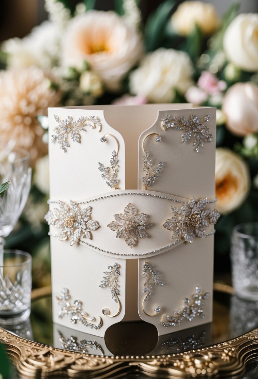 An ornate tri-fold invitation with a delicate belly band, adorned with intricate floral designs and shimmering details