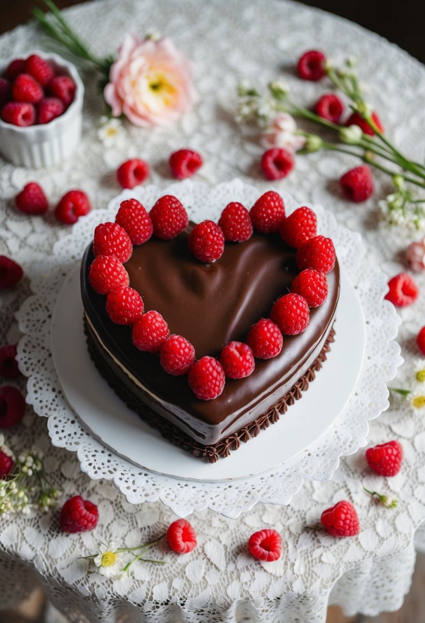 A heart-shaped raspberry cake with chocolate ganache sits on a lace-covered table, surrounded by fresh raspberries and delicate floral decorations