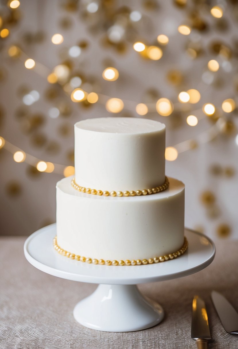 A simple white cake adorned with golden pearls