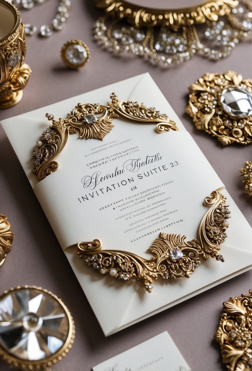 A lavish invitation suite with ornate details and opulent design elements