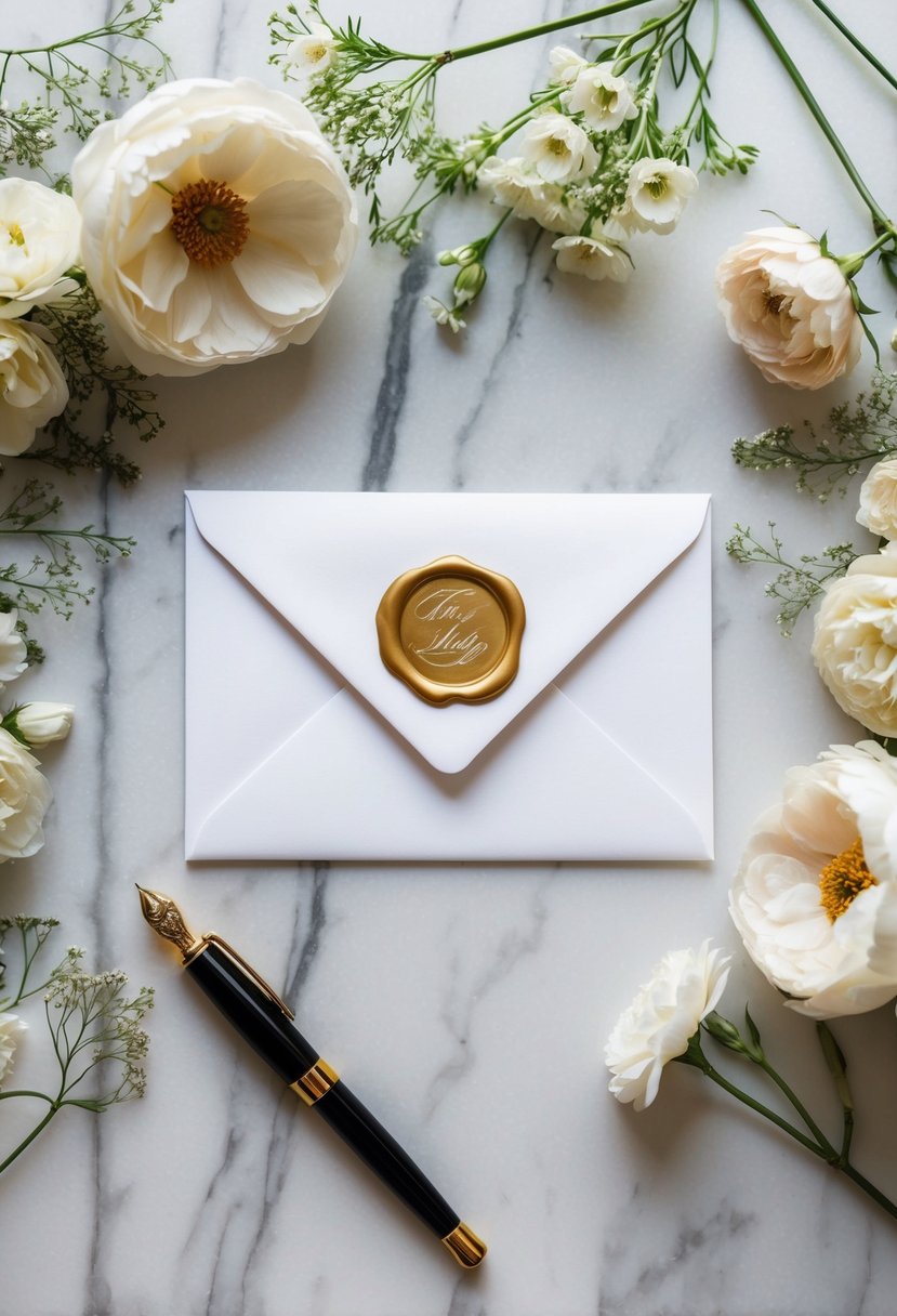 A white envelope with a gold wax seal sits on a marble table, surrounded by delicate floral arrangements and a calligraphy pen