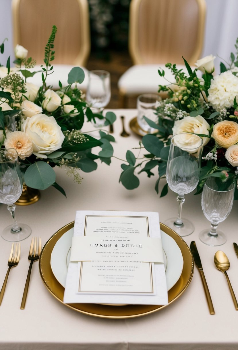 A table set with elegant wedding invitations, surrounded by balanced floral arrangements and decorative elements