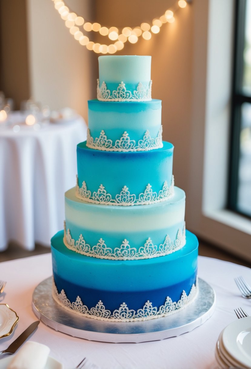 A three-tiered blue ombré cake adorned with delicate sugar lace decorations, perfect for a 60th wedding anniversary celebration