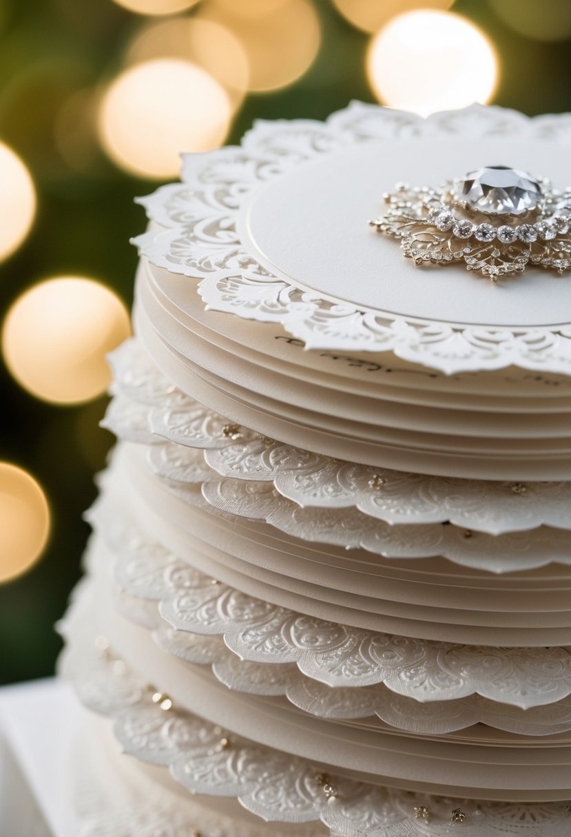 A stack of delicate, layered wedding invitations with intricate designs and elegant embellishments