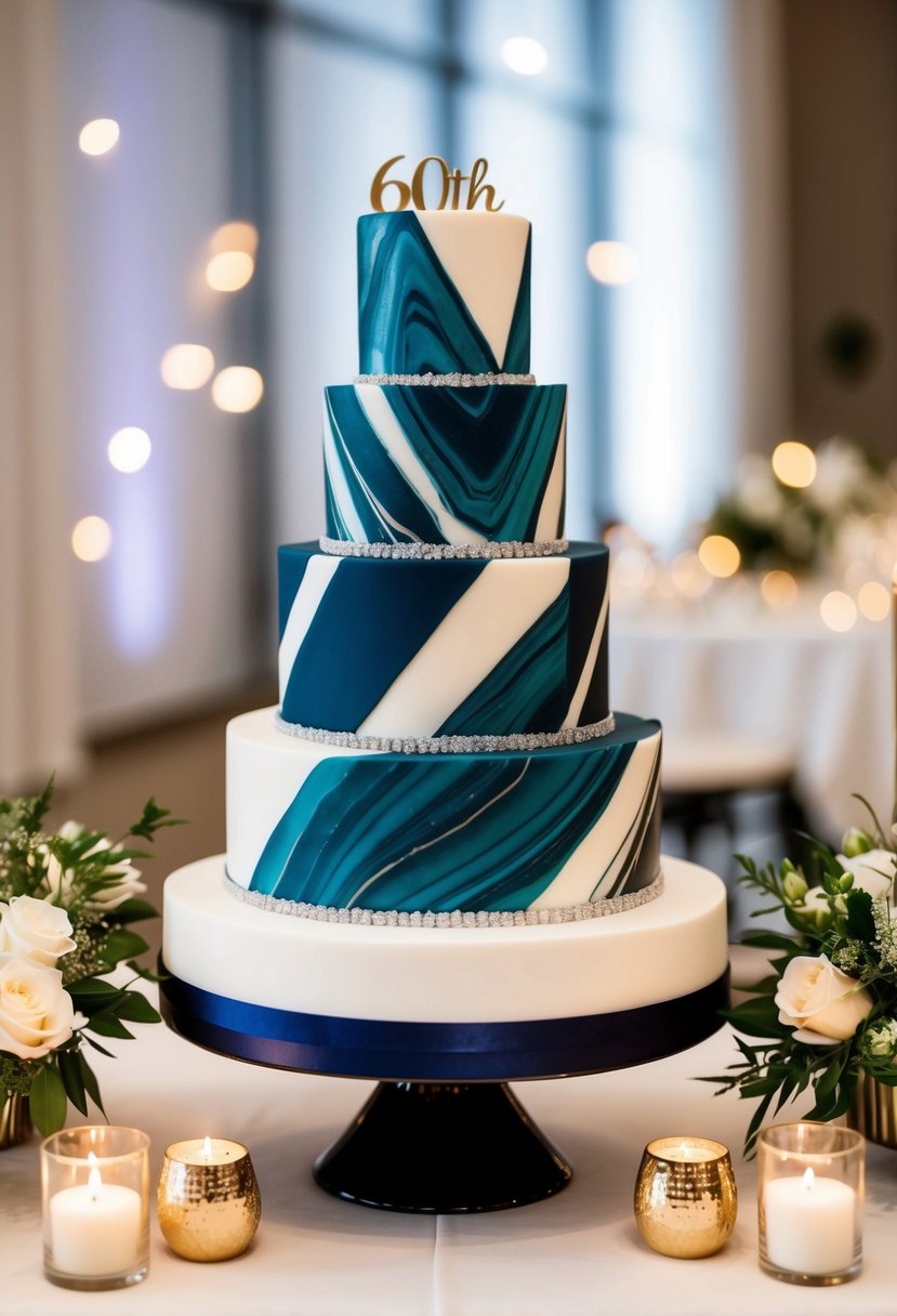 A modern geometric tiered cake with marbled fondant stands as a centerpiece for a 60th wedding anniversary celebration